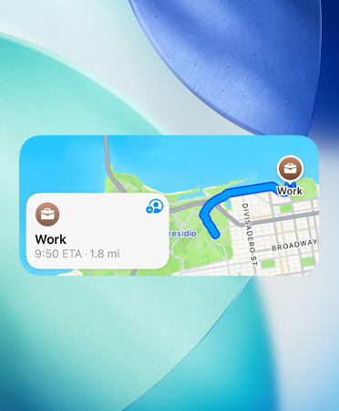 Maps widget showing new preferred routes trip planner, with traffic details, arrival time and duration of trip