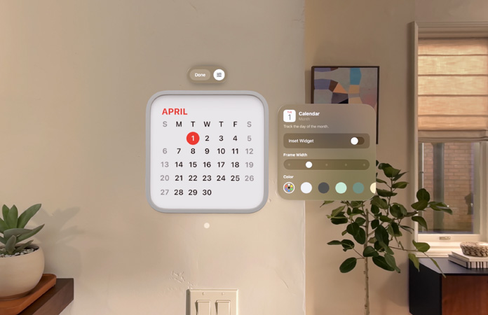 Calendar widget reading: 1 April floats on wall, reminder widget above, personalisation options to change frame thickness and colour to right