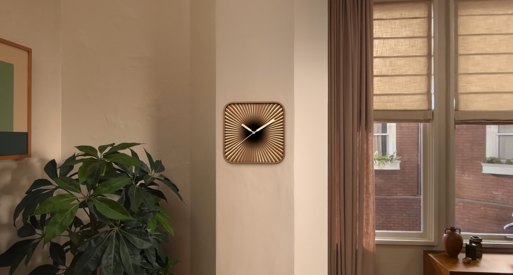 Close-up of clock widget in a physical space on a wall seen through Apple Vision Pro