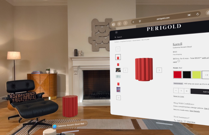 Safari shopping page featuring Kartell Colonna Accent Stool, for sale, floats in room, a 3D version of stool sits on floor in room