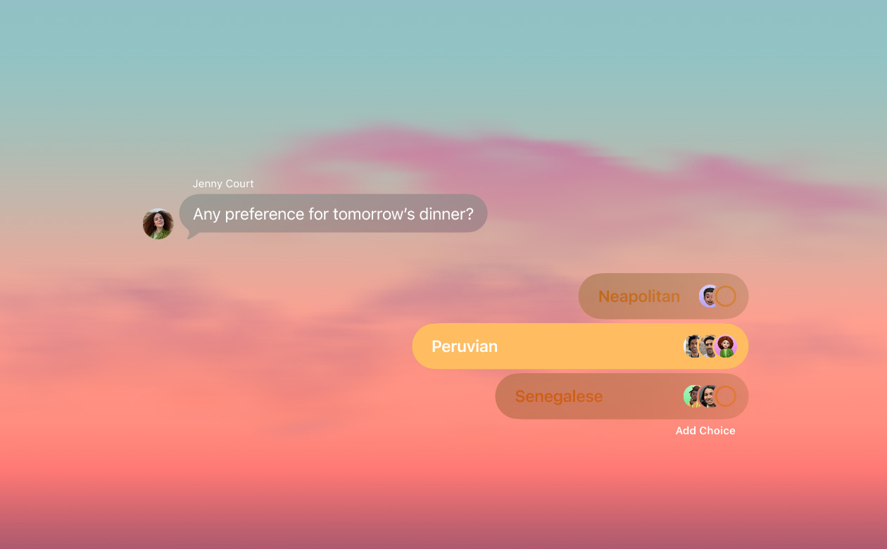 La funzione Sondaggi e gli sfondi in Messaggi con le persone nella chat di gruppo che votano cosa mangiare per cena