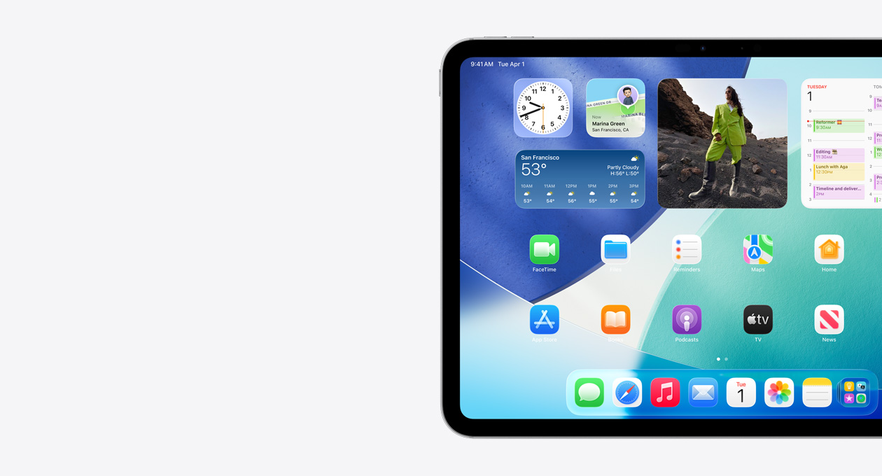 iPad, landscape orientation, left side of screen only, Home Screen with stacked widgets including translucent clock showing Liquid Glass effect, Find My app, Weather widget, two rows of smaller apps and the dock