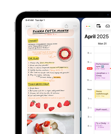 Un iPad in orizzontale con la parte superiore sinistra dello schermo che mostra le app Note e Calendario disposte fianco a fianco, come esempio di allineamento delle finestre