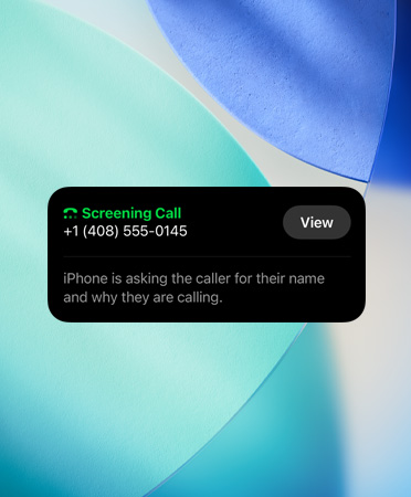 Widget dell’app per iPhone che mostra la funzione di filtro su una chiamata in arrivo, sul nuovo sfondo del sistema operativo
