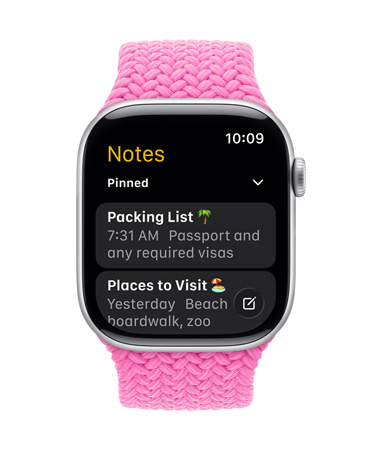 Apple Watch in Silber mit geflochtenem Armband in Pfingstrose, das Zifferblatt zeigt die Notizen App mit zwei angepinnten Notizen