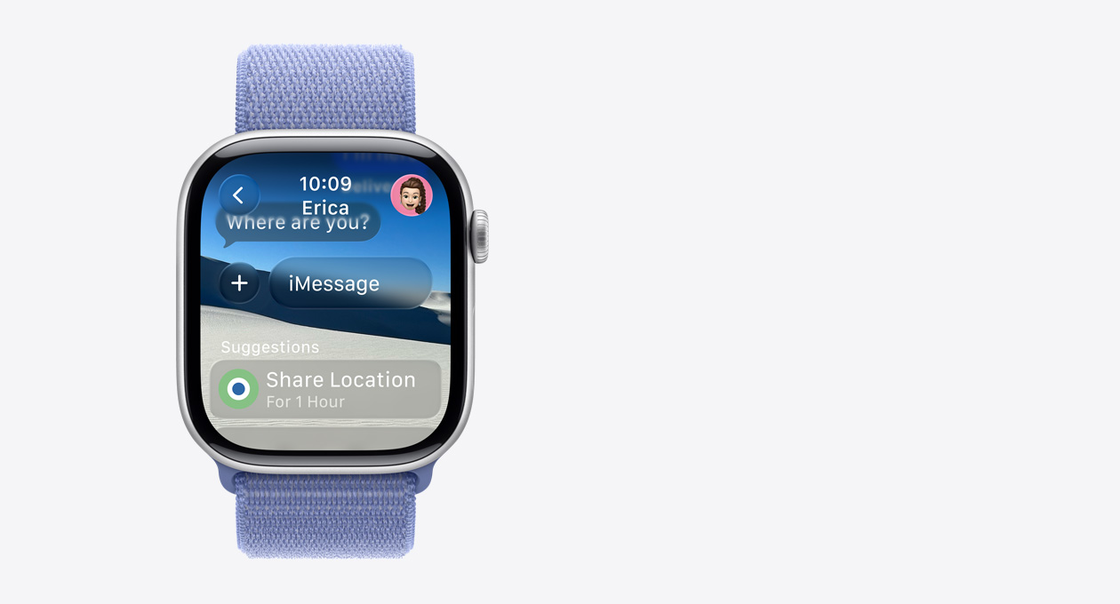 Apple Watch color argento con cinturino pervinca: sullo schermo un messaggio semitrasparente chiede “Dove sei?”; più in basso compare la sezione Suggerimenti, con un’azione smart che invita a condividere la posizione per 1 ora