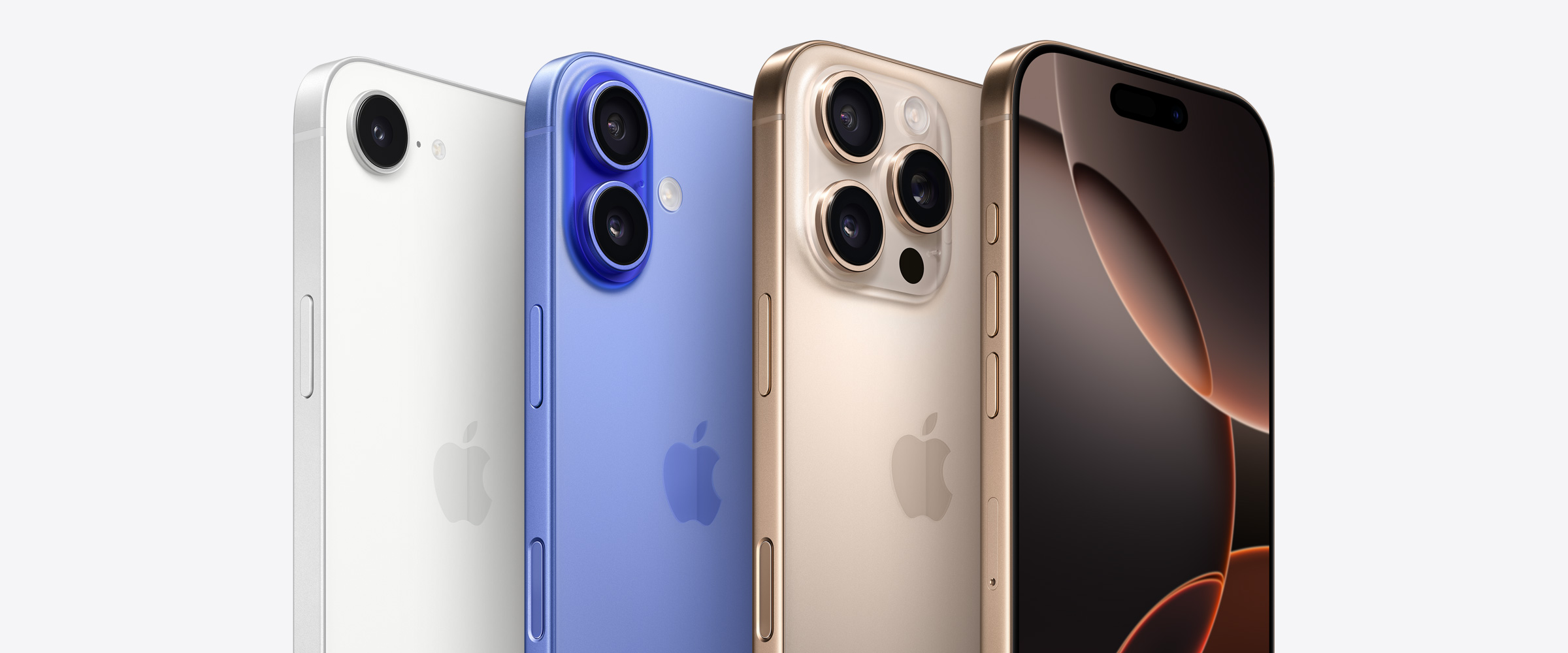 Bốn thiết bị iPhone, bao gồm hai phiên bản iPhone 16 Pro màu Titan Sa Mạc, một phiên bản đang thể hiện ba ống kính camera đằng sau một iPhone Pro khác hiển thị Dynamic Island. Bên cạnh đó là hai phiên bản iPhone 16 màu Xanh Lưu Ly, một phiên bản với 2 ống kính camera và một iPhone 16 khác hiển thị Dynamic Island.