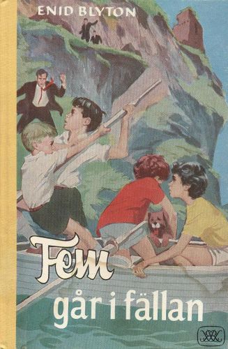 Swedish bookcover: "Fem går i fällan"