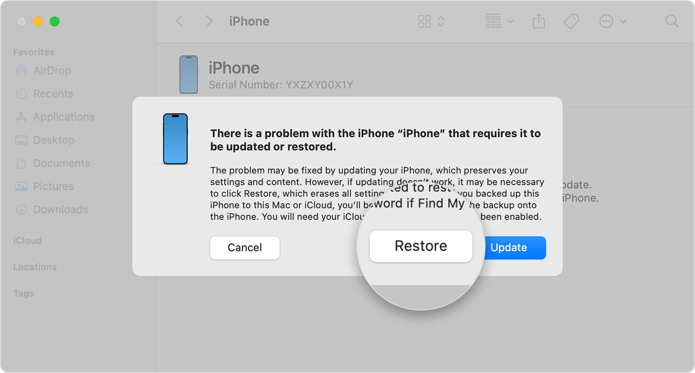 Під’єднавши iPhone до комп’ютера, натисніть «Відновити», коли відобразиться відповідний параметр.