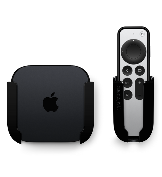 Innovelis TotalMount Pro Installation System for Wall-Mounted Televisions, with Apple TV and Apple Remote inserted.