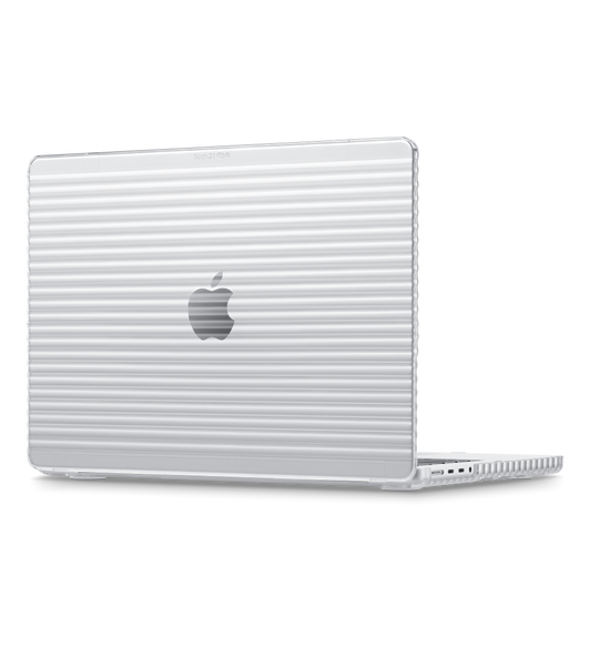 Top and bottom shell of Tech21 Evo Wave Case for 14-inch MacBook Pro, open, with cutouts for ports and wavy horizontal design from side to side