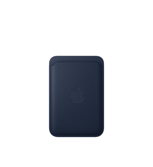 iPhone FineWoven Wallet with MagSafe in Deep Blue, back exterior, card slot at top, embedded Apple logo in the center, stitching along the edges.
