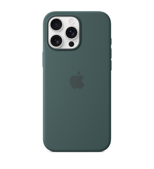 iPhone 16 Pro Max Silicone Case with MagSafe in Lake Green, embedded Apple logo in center, attached to iPhone 16 Pro Max White Titanium finish, seen through camera cut out.