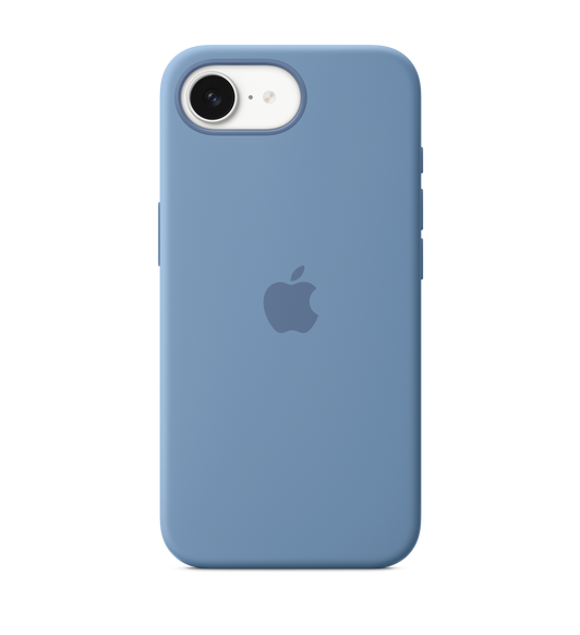 iPhone 16e Silicone Case in Winter Blue embedded Apple logo in centre attached to iPhone 16e White finish seen through camera cut out.