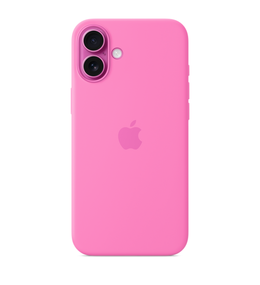 iPhone 16 Plus Silicone Case with MagSafe in peony, embedded Apple logo in centre, attached to iPhone 16 Plus pink finish, seen through camera cut-out.