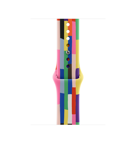 Pride Edition Sport Band, six stripes made of numerous thin rectangles in solid rainbow hues and other colors, slightly uneven edges, smooth fluoroelastomer, pin-and-tuck closure