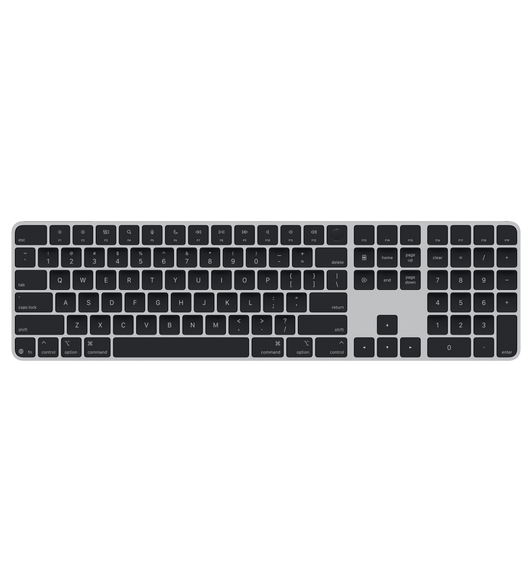 Magic Keyboard with Touch ID and Numeric Keypad, black keys, silver aluminium structure, round Touch ID sensor, full-height function keys