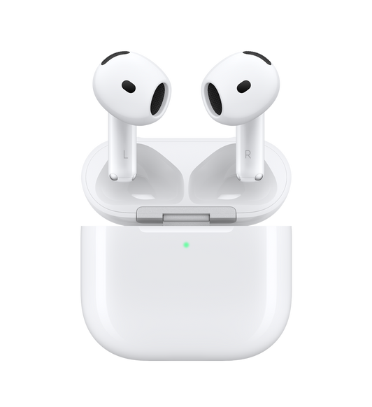 AirPods 4 with Active Noise Cancellation and Wireless Charging Case. White oval-shaped earbuds, short stem. White case, rounded edges, external LED indicator, lid open, attached by silver hinge