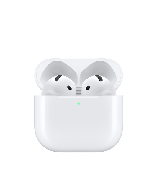 AirPods 4 and Charging Case, white oval-shaped earbuds and short stem. White case, rounded edges, external LED indicator, lid open, attached by silver hinge