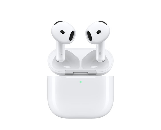 AirPods 4, Ladecase, kurze Enden, ovale Form, nahtloses Gehäuse mit Lautsprecheröffnung, externe LED Anzeige, Weiß