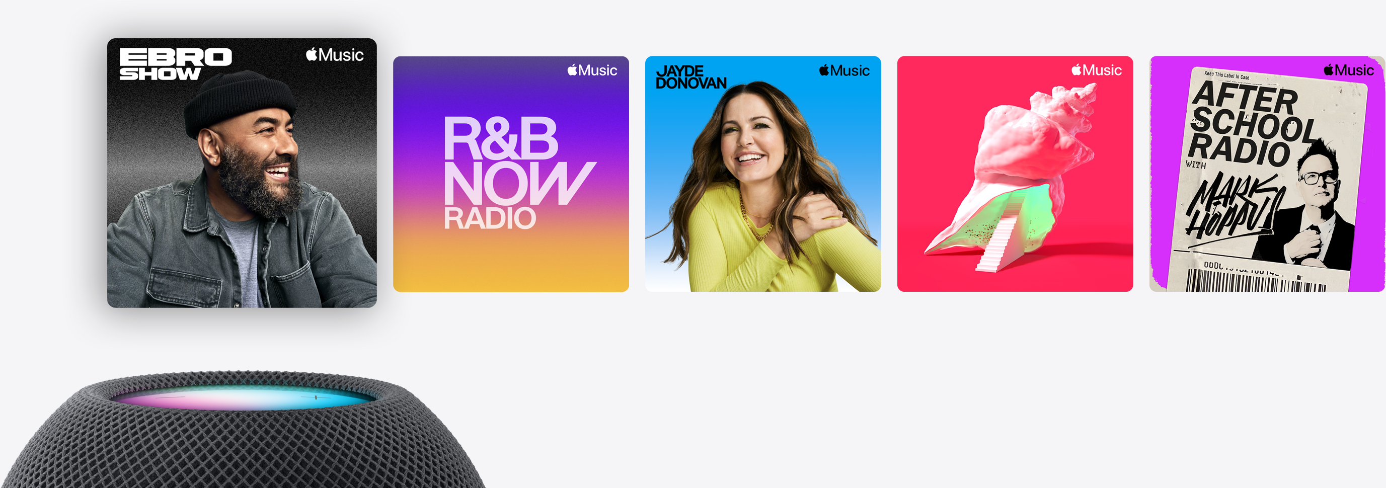 HomePod mini surface glowing pink and blue underneath cover art: Ebro Show, R&B Now Radio, Jayde Donovan