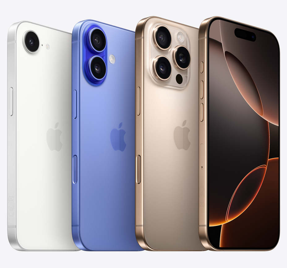 iPhone 16e, baksida, 2-i-1-kamerasystem, vit, iPhone 16, baksida, avancerat dubbelkamerasystem med två objektiv, ultramarin, iPhone 16 Pro, baksida och framsida, proffskamerasystem, sandfärgat titan