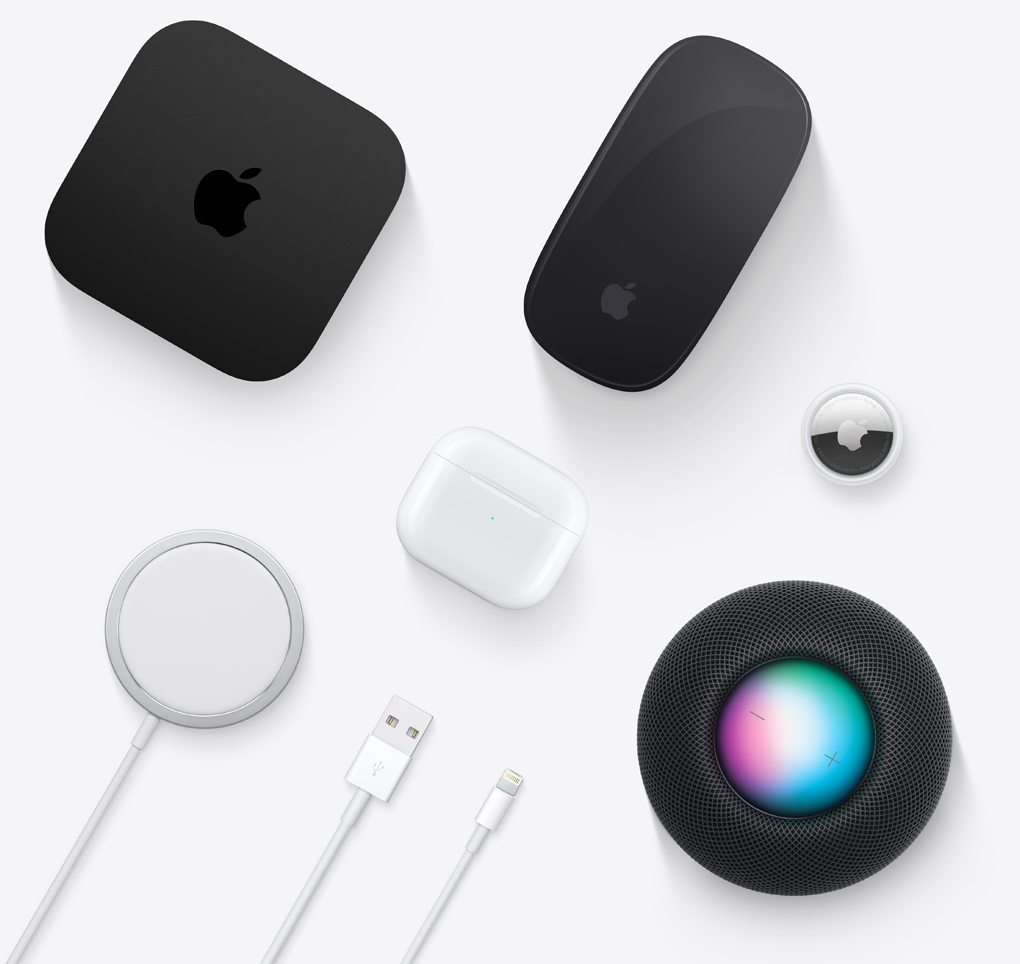 Några av Apples produkter som går att återvinna: Apple TV 4K, Magic Mouse, AirPods, HomePod mini, AirTag och laddningskablar.