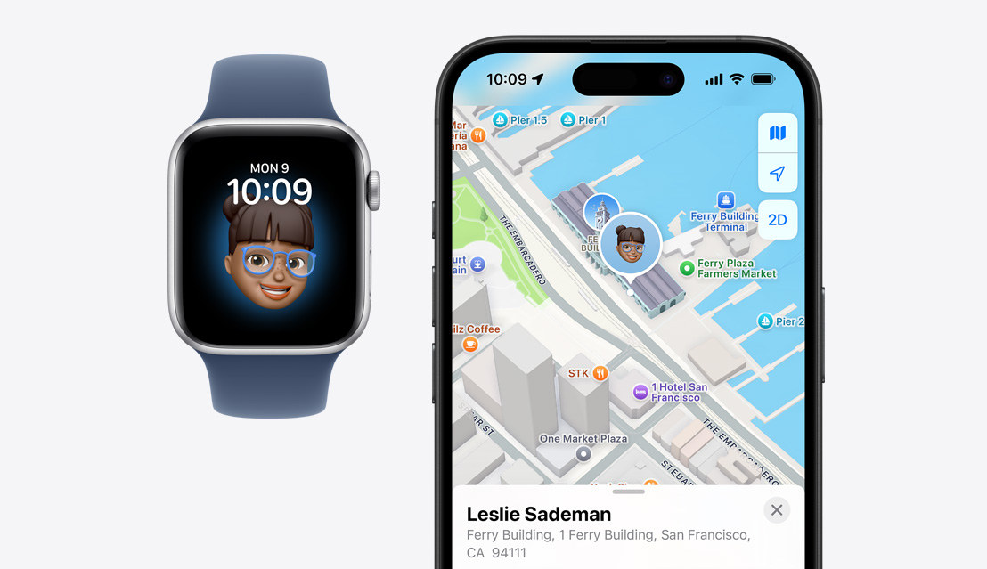 An Apple Watch SE with a child's face on the screen next to an iPhone 16 showing the child's ___location on the Find My app.