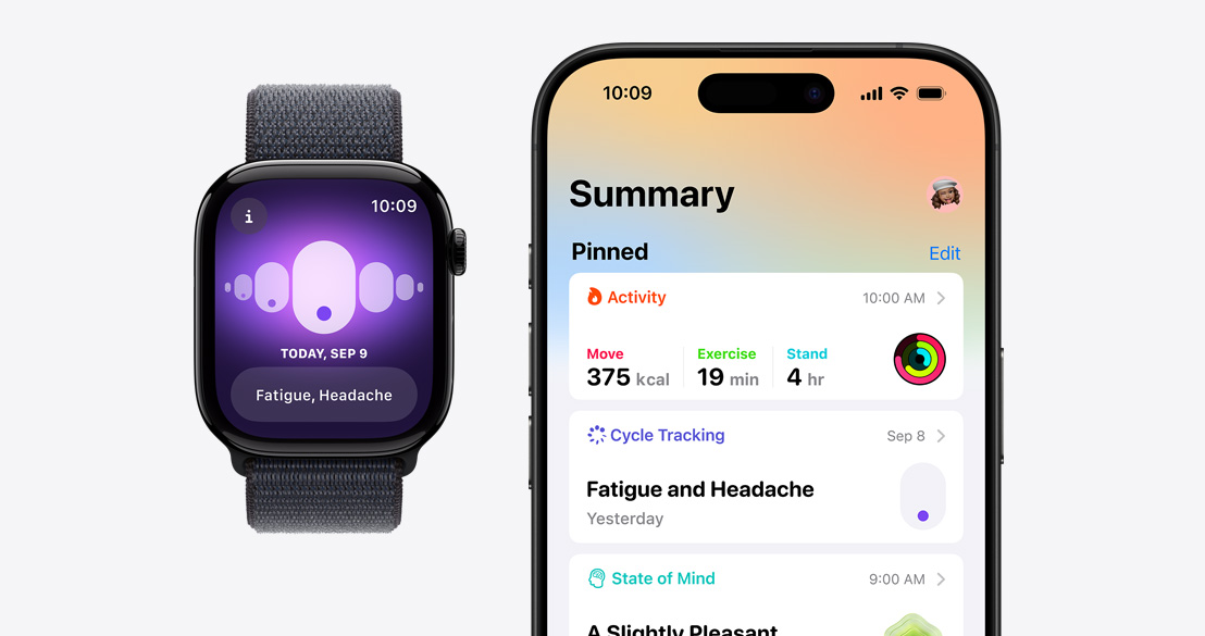 An Apple Watch Series 10 showing the Cycle Tracking app and an iPhone 16 Pro with the Health app showing Cycle Tracking information