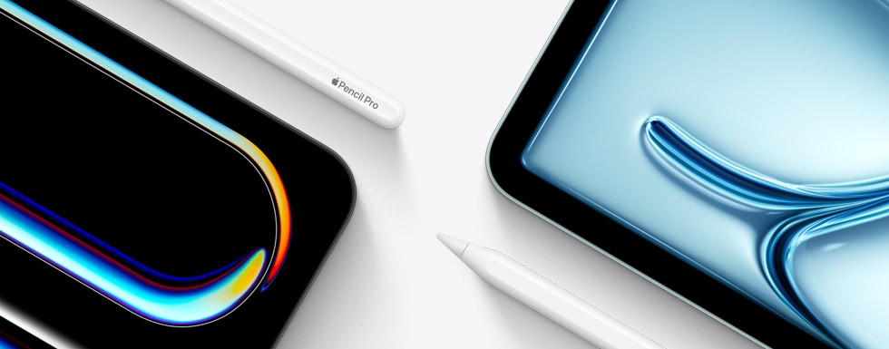 L’angolo superiore destro di un iPad Pro, e subito sopra l’estremità superiore di una Apple Pencil Pro. L’angolo superiore sinistro di un iPad Air, e subito sotto l’estremità con la punta di una Apple Pencil USB-C.
