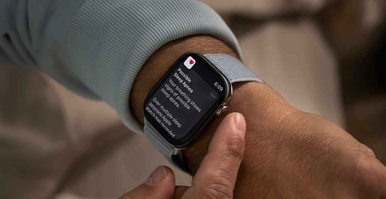 An Apple Watch displaying a notification for “Possible Sleep Apnea.”
