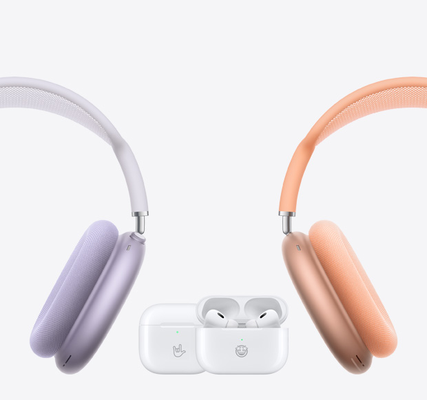 AirPods Max on left and right with AirPods 4 and AirPods Pro 2 in the center.