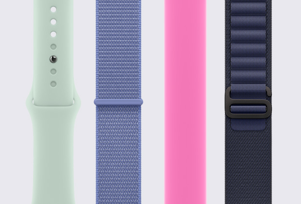 Several Apple Watch bands laid out vertically next to each other.
