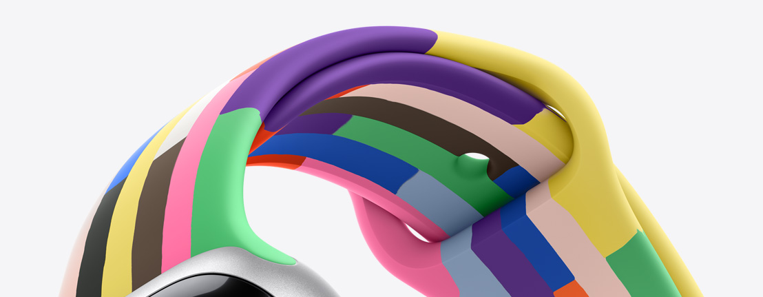 Pride Edition Sport Band, interior and exterior, six stripes made of thin rectangles in solid rainbow hues and other colors, slightly uneven edges, smooth fluoroelastomer