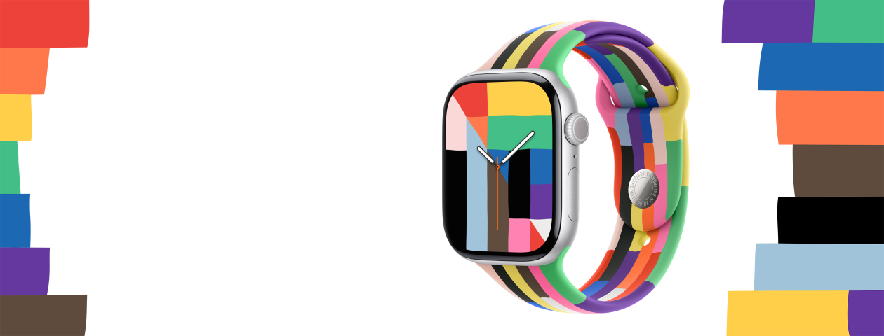 Apple Watch Series 10, silver aluminum case, Digital Crown, Pride Harmony watch face, rectangles, triangles, and trapezoids in rainbow and other colors form the number 10, watch hands show the time, connected to Pride Edition Sport Band, six stripes made of thin rectangles in solid rainbow hues and other colors, slightly uneven edges, solid colored stripes in various rainbow colors and shapes surround watch on either side