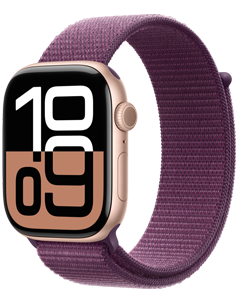 Apple Watch Series 10 with a Rose Gold aluminum case and Plum Sport Loop band.