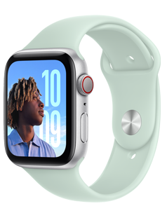 Apple Watch SE with a Silver aluminum case and a Aquamarine (light blue/green) Sport Band.